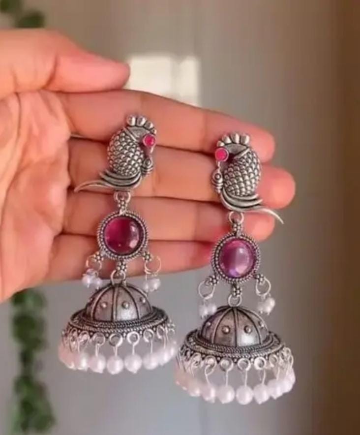 Ethnic Silver-Plated Parrot Jhumka Earrings with Pearl Drops