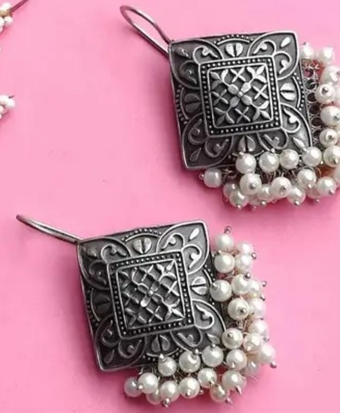 Antique Square Oxidized Earrings with Pearl Clusters
